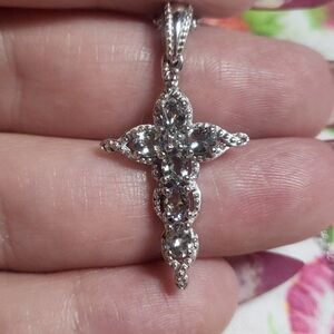 Green Tanzanite & Zircon Platinum/Sterling Silver Cross Pendant Necklace